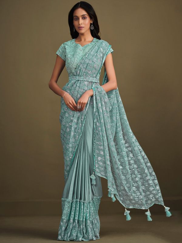 Turquoise Sequin Work Crepe Saree With Blouse