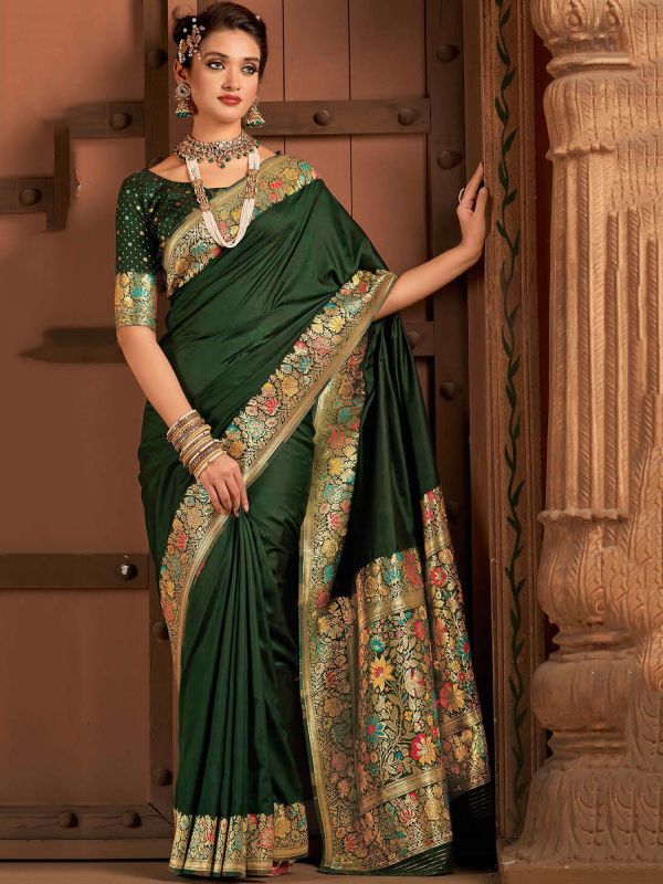 Green Festive Silk Saree In Floral Prints