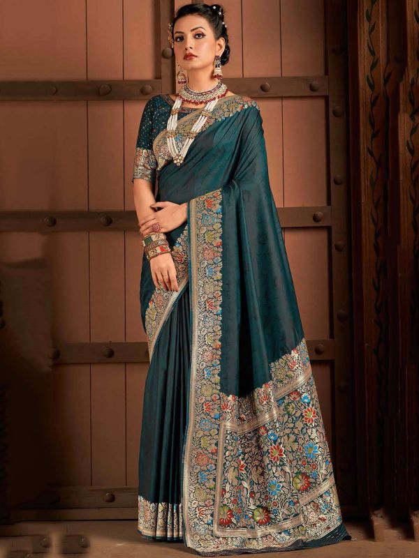 Blue Silk Saree With Blouse In Floral Print