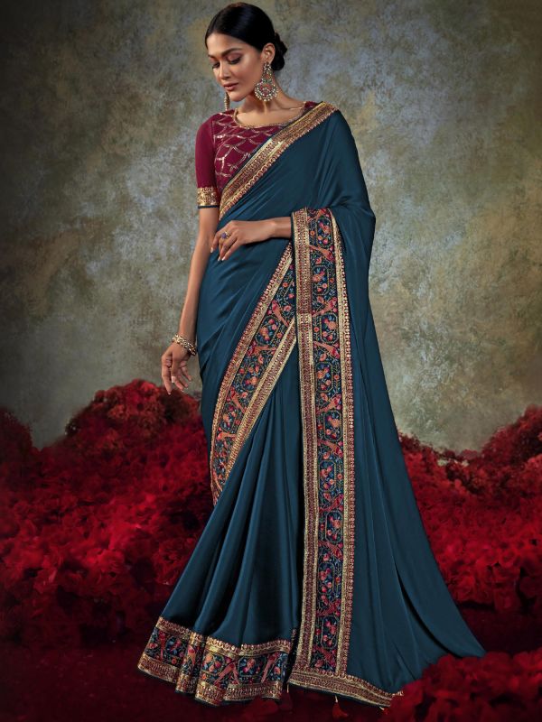 Blue Thread Weaving Border Saree In Art Silk