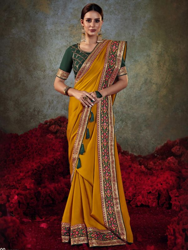 Yellow Zari Work Saree With Embroidered Blouse
