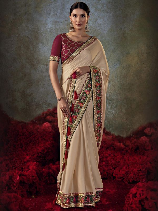 Cream Zari Bordered Festive Saree In Art Silk