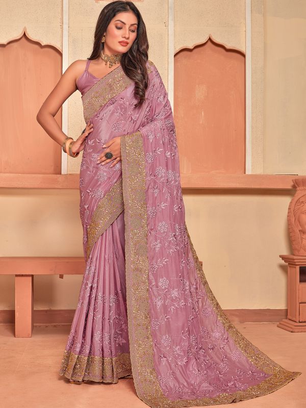Pink Stone Embroidered Sari In Crepe