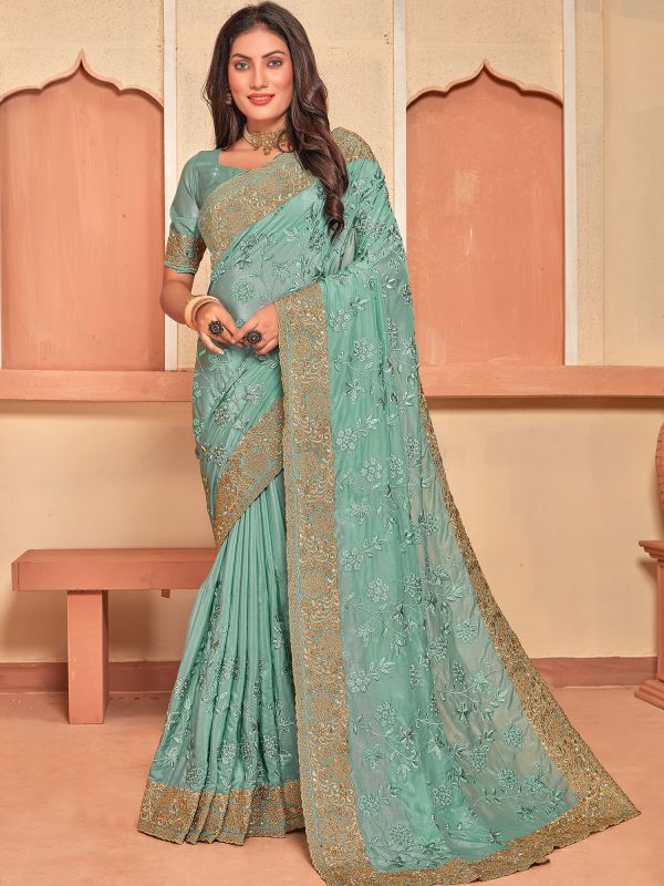 Turquoise Embroidered Border Sari In Crepe