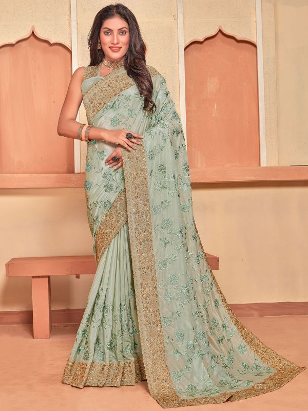 Green Stone Embellished Party Wear Crepe Sari
