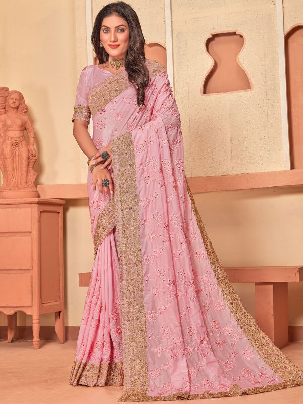 Pink Festive Crepe Sari With Stone Work