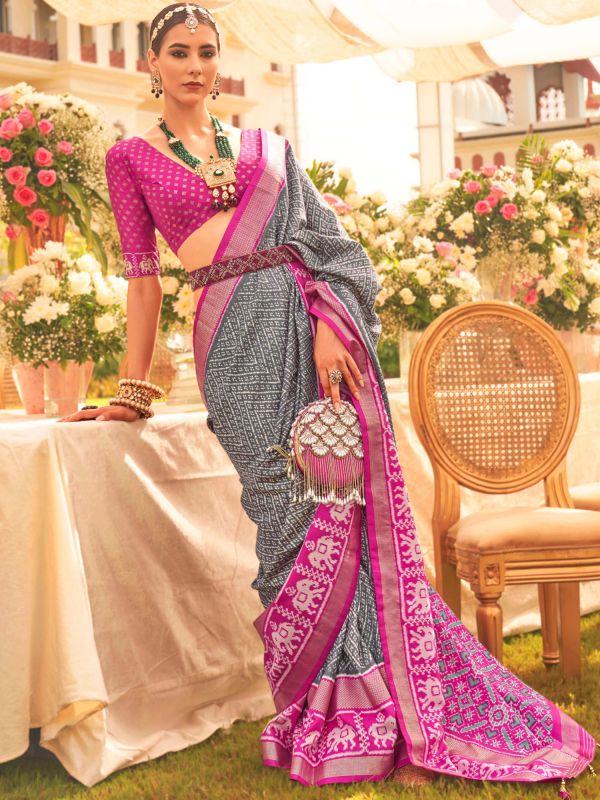 Grey Bandhani Print Saree In Silk With Blouse