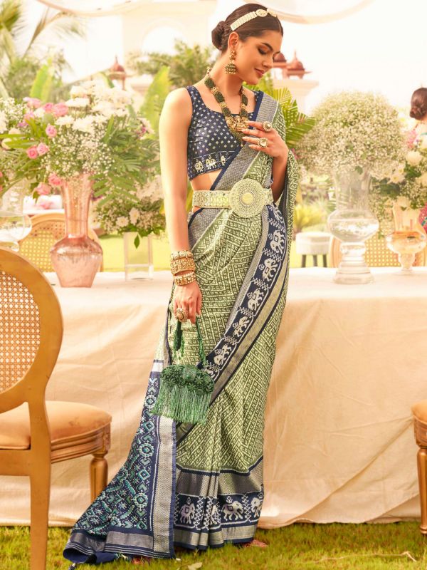 Green Silk Saree With Printed Blouse