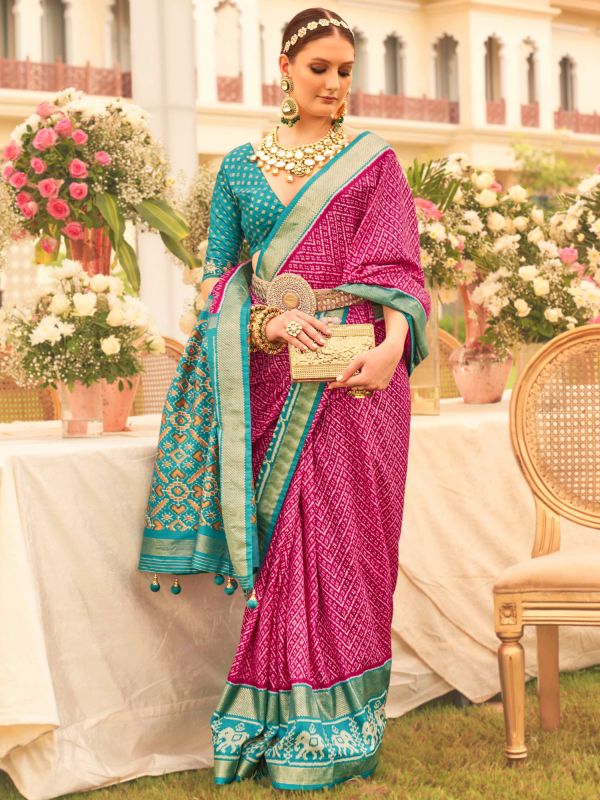 Pink Saree In Silk With Bandhani Print