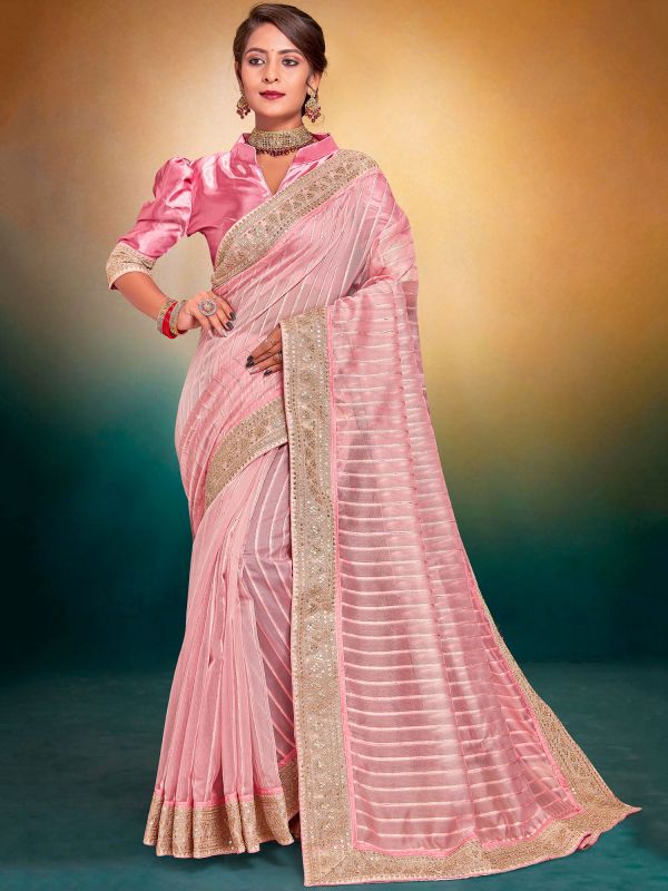 Pink Zari Woven Silk Saree With Blouse