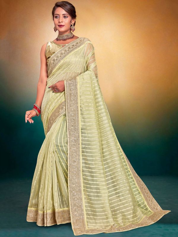 Green Sequined Bordered Saree In Silk