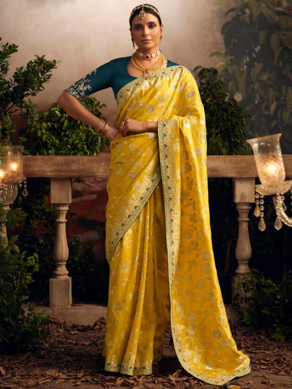 Yellow Floral Woven Dola Silk Saree