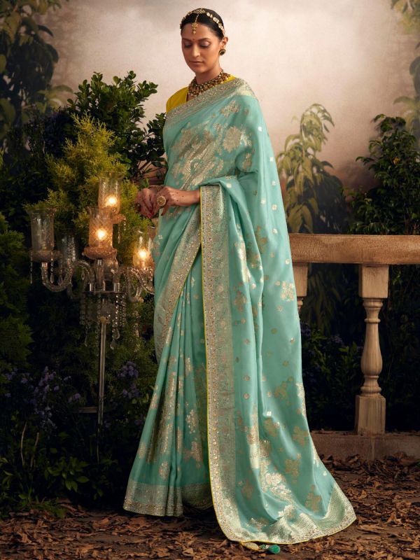 Turquoise Dola Silk Saree In Zari Weaving