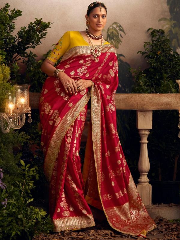 Red Traditional Saree With Embroidedered Blouse
