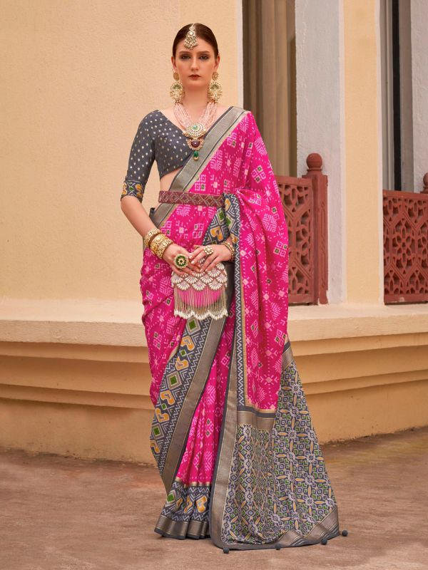 Bright Pink Saree In Silk With Print Work