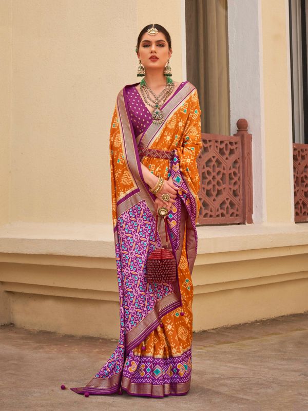 Orange Printed Silk Saree In Festive Wear