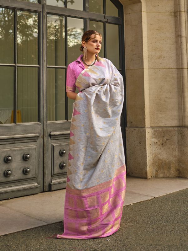 Cloud Grey Saree In Khadi Silk With Blouse