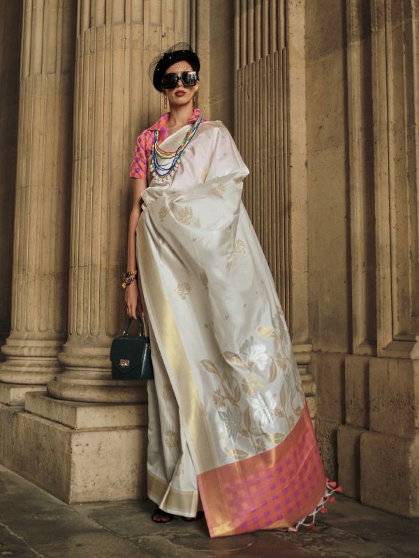 White Silk Saree With Multicolor Blouse