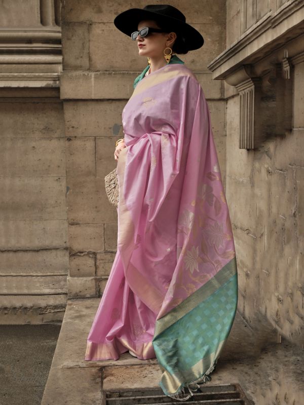Baby Pink Silk Saree In Weaving