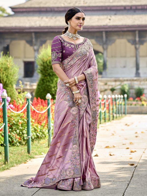 Purple Embroidered Border Sari In Silk