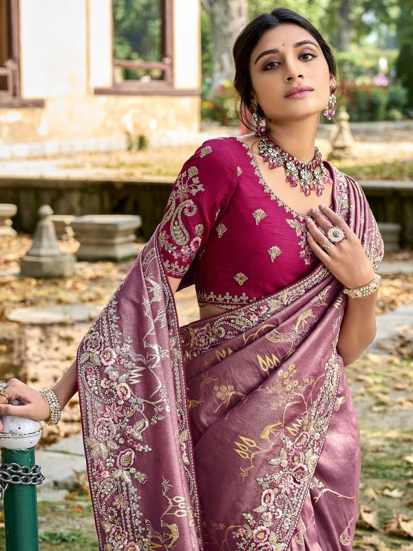 Pink Festive Silk Sari With Stone Work