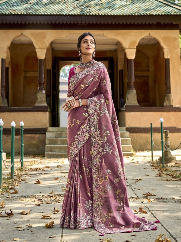 Pink Festive Silk Sari With Stone Work
