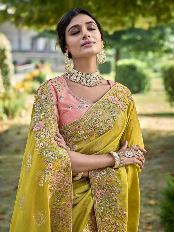 Yellow Traditional Wear Silk Saree In Zari Work