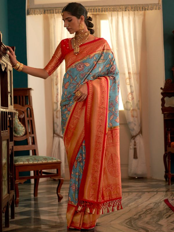 Blue Floral Printed Traditional Saree In Tussar Silk