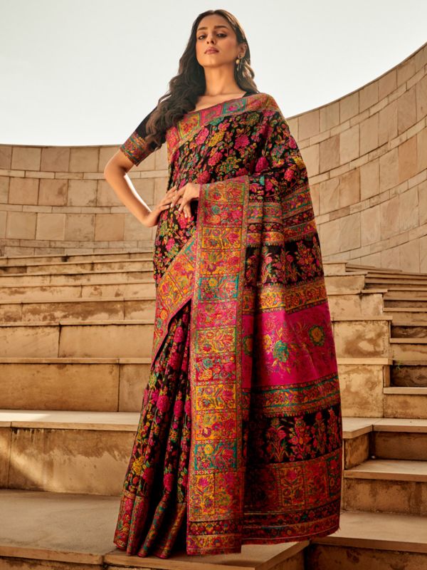 Black Floral Thread Weaving Festive Silk Saree