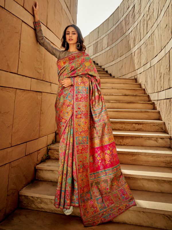Multicolor Floral Thread Work Festive Silk Saree