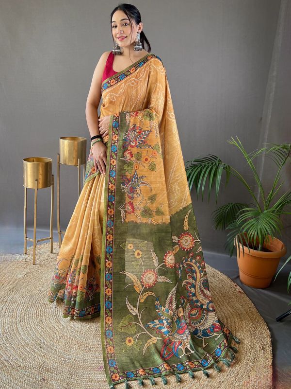 Yellow Tussar Silk Saree In Digital Print