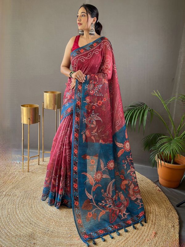 Red Floral Printed Casual Saree In Tussar Silk
