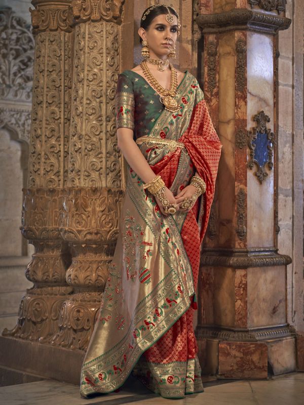 Red Banarasi Silk Weaving Saree In Stone Work