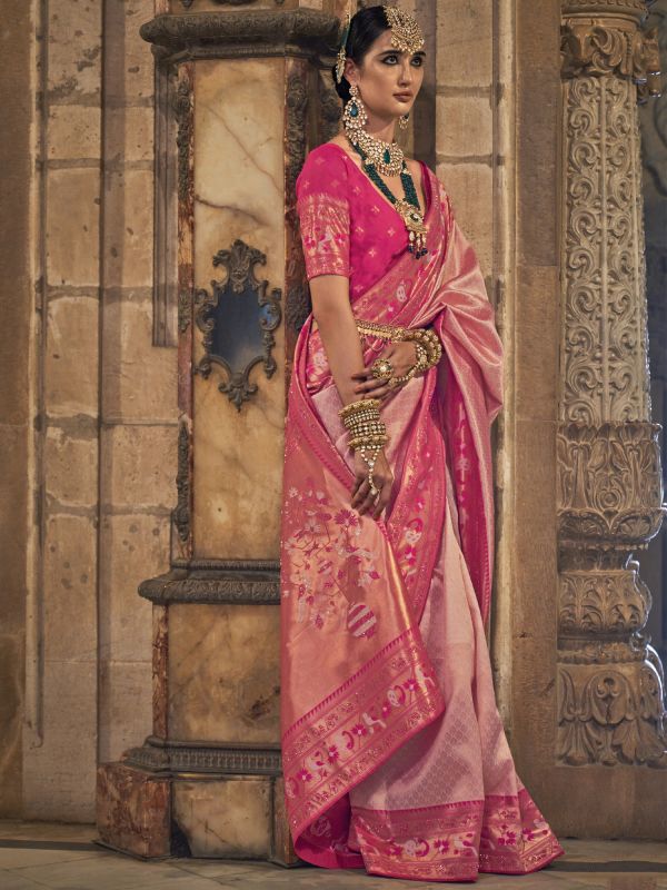 Pink Zari Weaving Banarasi Silk Saree With Blouse