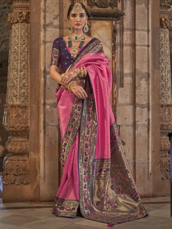 Pink Wedding Wear Zari Embellished Silk Saree