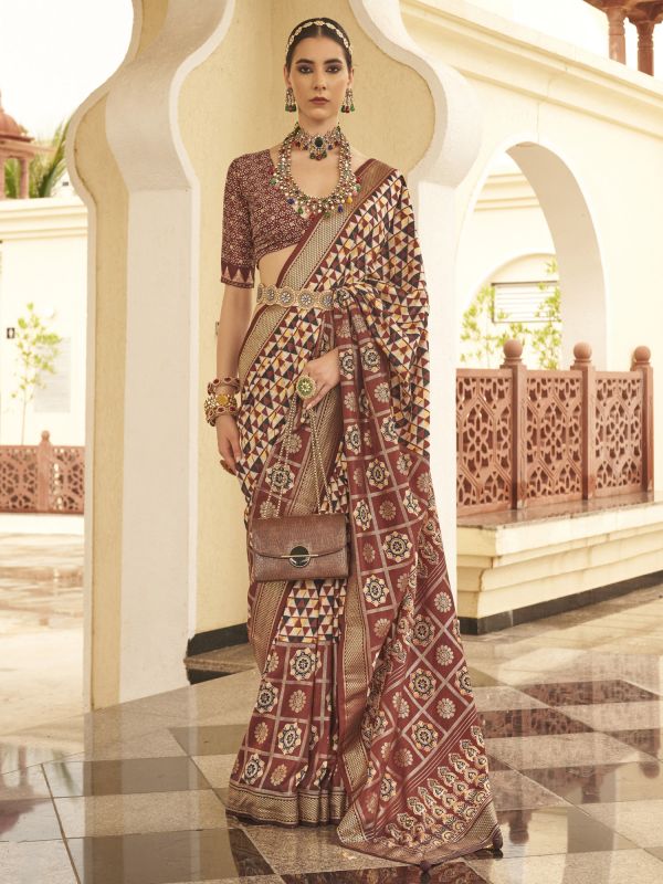 Maroon Party Wear Saree In Silk With Digital Print