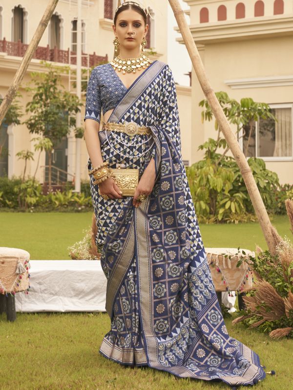 Blue Traditional Printed Casual Saree In Silk