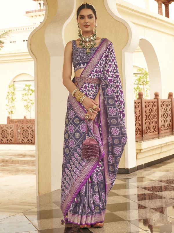 Purple Silk Saree In Digital Printed With Blouse