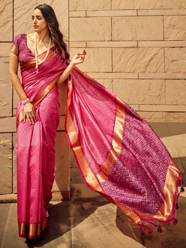 Pink Party Silk Saree In Traditional Print
