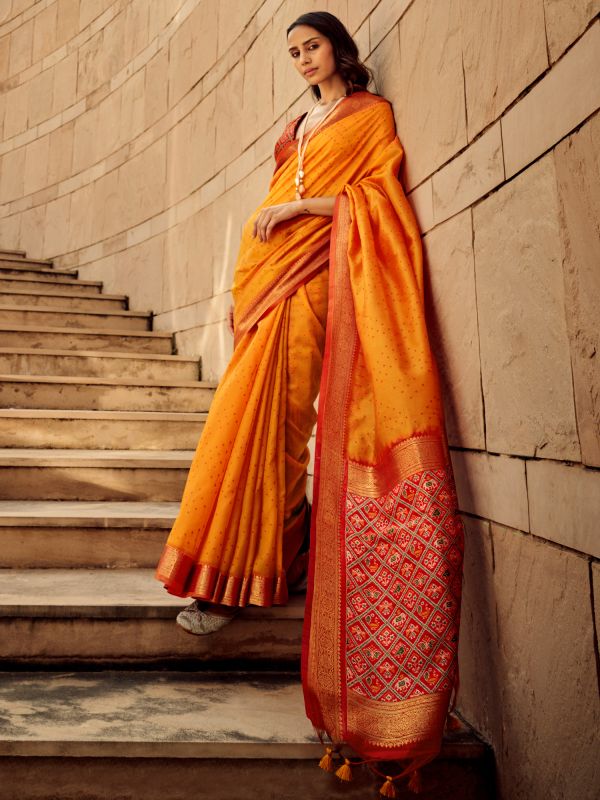 Orange Bandhej Printed Saree In Silk