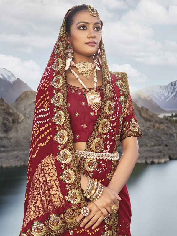 Red Bridal Satin Saree In Bandhani Print