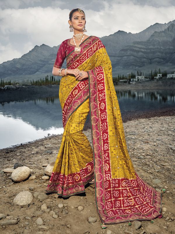 Yellow Traditional Printed Saree In Satin