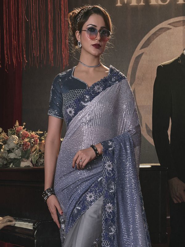 Blue Embroidered Net Saree With Sequined Pallu