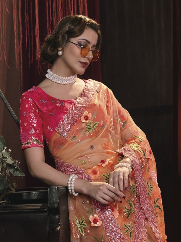 Orange Floral Motif Embellished Saree In Net