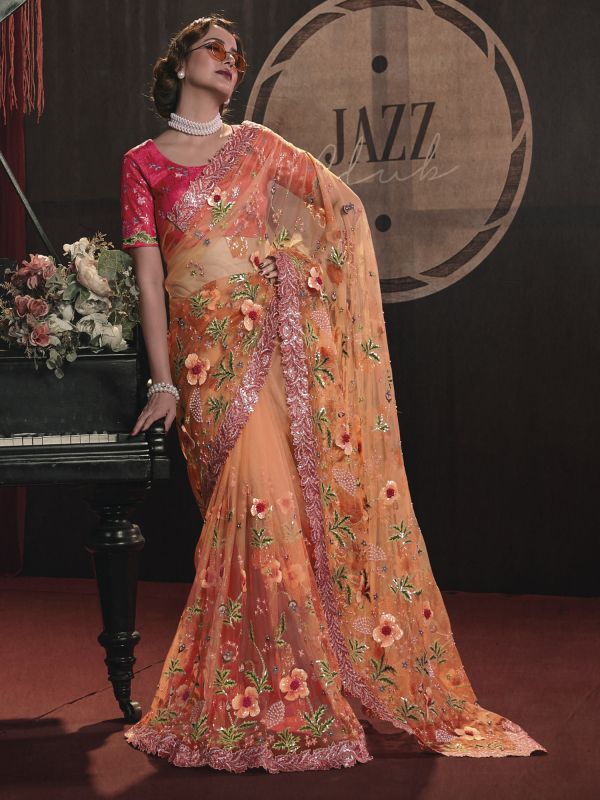 Orange Floral Motif Embellished Saree In Net