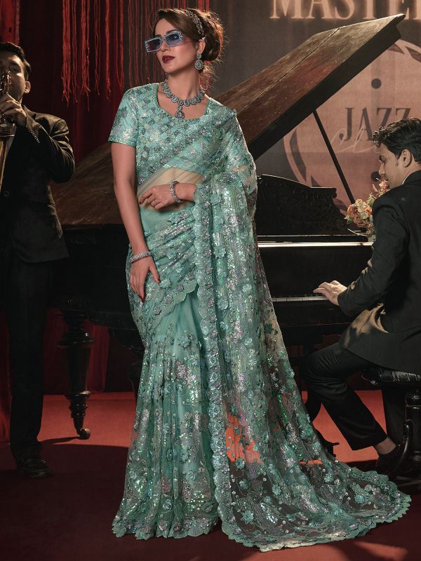 Turquoise Sequin Augmented Net Floral Saree