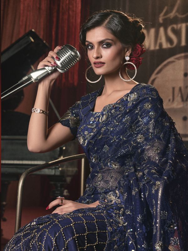 Blue Cocktail Saree With Stone Work In Net