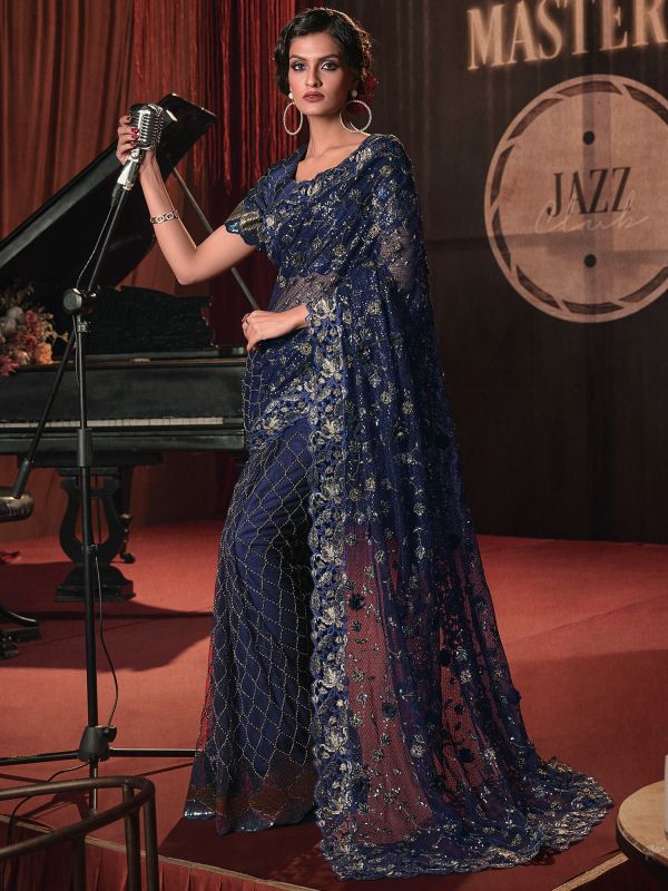 Blue Cocktail Saree With Stone Work In Net