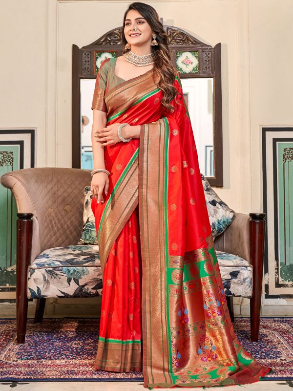 Red Silk Saree In Digital Print