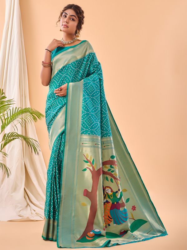 Green Bandhej Saree With Blouse In Silk